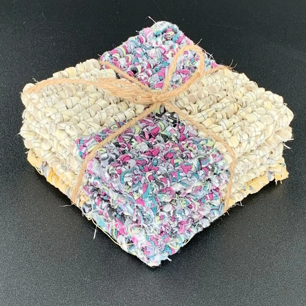 Drink Coaster Set Locker Hooking Handmade Yellow Purple Fabric Square Coasters